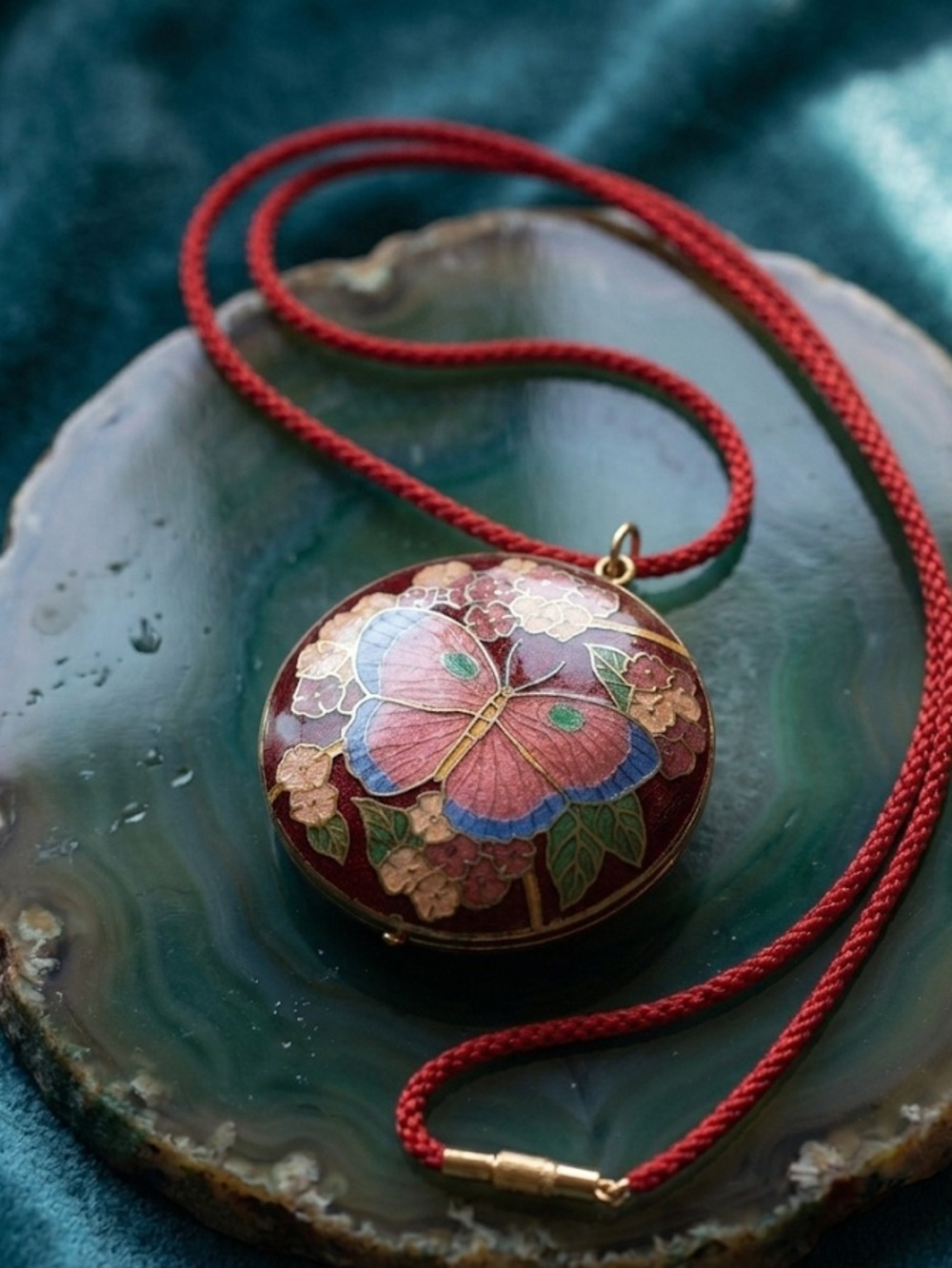 Vintage Cloisonne Enamel Butterfly Round Pendant Necklace Red Silk Cord Boho